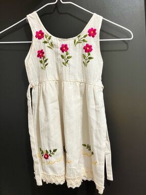 Handmade Girls Flax Linen Floral Embroidered Tie Dress